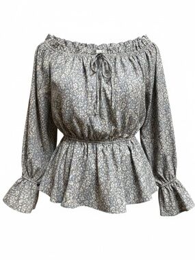 ELLA BLUE Ruffled Neck/Cuffs Blue & White Floral  Peasant Peplum Blouse Size L